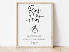 a white framed poster with the words ring for him and his engagement ring on it