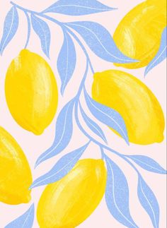 a painting of lemons on a white background with blue and yellow leaves in the foreground