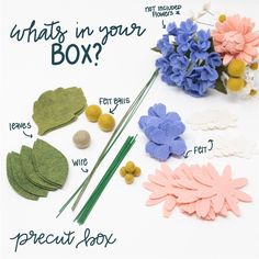 what's in your box? paper flowers, leaves, and stones with instructions