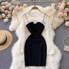 Stylish, hollow-out long-sleeve blouse, ubiquitous halter dress, two suitsMaterial:blendedColor:white,blackStyle:sexyFeatures:two pieceSize(CM):free 1inch=2.54cmLength 25 sleeve 58 bust 90&ltp&gtlength (including shoulder straps) 76 Bust 66-80 waist 60-70</p>&ltbr/>&ltp&gtAll items will arrive in about 20-25 business days, if you have an emergency, please contact us to upgrade logistics.</p>&ltbr/>&ltp&gtNeed to add 16 dollars fast shipping(Arriv Trendy Hollow Out Bodycon Dress, Hollow Out Bodycon Dress For Club, Chic Long Sleeve Hollow Out Bodycon Dress, Elegant Long Sleeve Hollow-out Dress, Black And White Tight Dress, Vintage Retro Outfits, Upcycle Dress, High Fashion Outfits, Different Fabrics