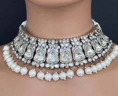 White Premium Dual Tone uncut Polki Kundan Victorian Necklace/Sabyasachi/Indian/Bollywood/Celebrity/Fine Kundan Necklace/Pakistani/Punjabi  Regular size and adjustable with silver thread Heavy Bollywood Bridal Necklace For Eid, Bollywood Heavy Bridal Necklace For Eid, Bollywood Style Heavy Bridal Necklace For Eid, Eid Bridal Necklace With Cutdana, Heavy Kundan Necklace For Eid, Silver Bollywood Kundan Necklace For Eid, Bollywood Bridal Necklace For Eid Ceremonial, Heavy Bollywood Kundan Necklace For Eid, Heavy Bridal Necklace For Ceremonial Use At Eid