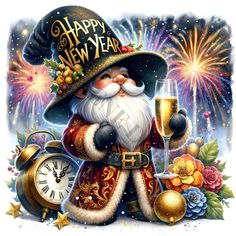 a happy new year greeting card with santa holding a glass of champagne and fireworks in the background