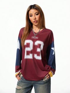 Red Casual Collar Long Sleeve Knitted Fabric Letter,Flag  Embellished High Stretch  Women Clothing Sporty V-neck T-shirt For Fall, Fall College V-neck Tops, Fall V-neck Tops For College, Casual American Flag Print Tops For Fall, Sporty Crew Neck Top With American Flag Print, Red Crew Neck Top With Flag Print, Casual Flag Print Tops For Fall, Casual Tops With Flag Print For Fall, Casual Fall Tops With Flag Print