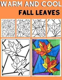 four different fall leaves are shown with the words, warm and cool fall leaves on them