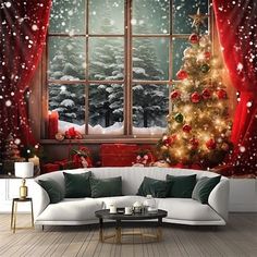 a living room with a christmas tree in the window and snow falling on the ground