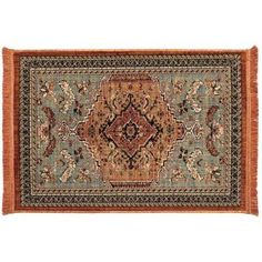 an orange and blue area rug on a white background with brown trim around the edges