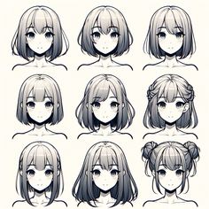 an anime character's head with different hairs and various facial expressions, all drawn in pencil