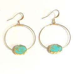 Gold And Turquoise Agate Hoop Earrings Genuine Turquoise Agate Earring 1 1/2” Hoops Gold Hoop Earrings. Top Seller Turquoise Hoop Earrings With Natural Stones, Everyday Turquoise Gemstone Earrings, Everyday Turquoise Jewelry With Natural Stones, Turquoise Hoop Gemstone Jewelry, Turquoise Gemstone Hoop Jewelry, Turquoise Gemstone Hoop Earrings, Everyday Turquoise Wire Wrapped Jewelry, Turquoise Hoop Jewelry Wire Wrapped, Turquoise Natural Stone Hoop Earrings As Gift