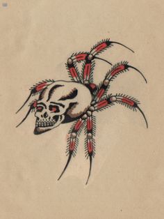 a drawing of a spider with a skull on it's back and red eyes