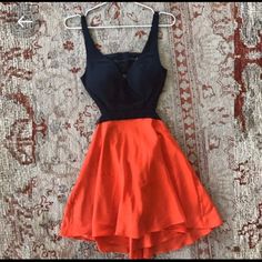 Orange And Black Cutout Dress. Size 4. Has Never Been Worn. Still Has Tags. Orange V-neck Mini Dress For Evening, Orange V-neck Mini Dress For Date Night, Elegant Lined Orange Mini Dress, Orange Lined Party Dress, Orange Mini Dress For Night Out, Guess Black Dress, Urban Sunset, Sweetheart Strapless Dress, White Spaghetti Strap Dress