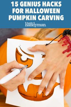 someone is carving pumpkins for halloween with the words, 15 genius hacks for halloween carving