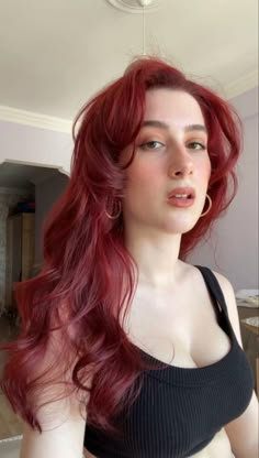 Dark Red Hair Makeup, Bungurdy Hair, Dark Red Long Hair, Aesthetic Dark Red Hair, Long Red Hair With Bangs, Dark Red Hair Color Aesthetic, Long Red Curly Hair, Red Burgundy Hair, Best Red Hair Dye