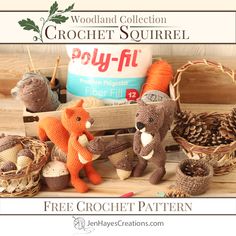 An orange and a brown crochet squirrel surrounded by baskets of pinecones, crochet acorns, yarn, crochet paraphernalia, and a bag of Poly-fil. Text overlay, Woodland Collection Crochet Squirrel, Free Crochet Pattern, JenHayesCreations.com. Squirrel Amigurumi, Crochet Squirrel, Crochet Thanksgiving, Mobile Ideas, Fall Crochet, Kids Crochet, Creation Crafts, Woodland Decor, Crochet Fall