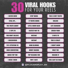 the 30 virtual hooks for your reels are shown in pink and black with text overlay