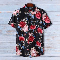 Floral Print Hawaiian Beach Short Sleeve Shirt Features：  Product ID:SS0036 Material:Polyester Season:Summer Color:Black,White  Size Chat： Floral Print Shirts, Dress Shirt Men, Slim Fit Dress Shirts, Floral Print Shirt, Fitted Dress Shirts, Slim Fit Dresses, Mens Hawaiian Shirts, Flower Shirt, Mens Shirt Dress