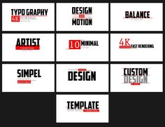 six different types of business cards with red and black lettering