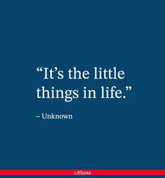 the quote it's the little things in life unknown on a blue background with red and