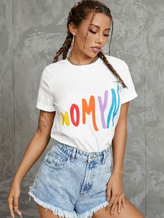 Multicolor Letters Graphic Short Sleeve Crew Neck T-shirt Trendy Multicolor T-shirt With Text Print, Spring Multicolor T-shirt With Text Print, Trendy Rainbow Summer T-shirt, Trendy Rainbow T-shirt For Summer, Trendy Multicolor T-shirt For Spring, Trendy Cotton T-shirt With Rainbow Print, Multicolor Rainbow Print T-shirt For Summer, Multicolor Graphic Tee For Spring, Multicolor Letter Print T-shirt For Streetwear