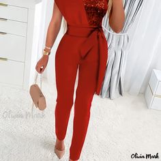 Olivia Mark - Sequin One Shoulder Jumpsuit, Party Solid Tie Waist Long Length Slim Jumpsuit, Women's Clothing High Waist Jumpsuit, Bodycon Outfits, Evening Jumpsuit, Summer Playsuit, Sequin Decor, Bodycon Jumpsuit, Backless Jumpsuit, Jumpsuit Elegant, Estilo Chic