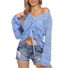 This knit top features a stylish and trendy hollow out design that adds a touch of sophistication. Knitted Blouse, Grey Style, Knitted Tops, Womens Crewneck, Crochet Tops, Crochet Crop Top, Sweater Design, V Neck Blouse, Cozy Knits