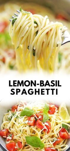 lemon basil spaghetti with tomatoes and spinach in a skillet on a white plate