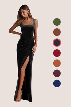 a woman in a long black dress standing next to color swatches and wearing sandals