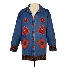 Lifestyle 100% cotton patchwork denim coat with wooden red buttons, detailed embroidery, patchwork design.   Vintage condition - excellent.   Material - 100% cotton   Size - L - please check measurements >   Bust - 46"  Sleeve shoulder to cuff - 23"  Length collar to hem - 29.5" MORE WOMEN'S COATS JACKETS > https://www.etsy.com/shop/OpenMarketVintage?ref=seller-platform-mcnav&section_id=17967647 Visit our shop at https://www.etsy.com/shop/OpenMarketVintage Patchwork Denim Coat- Embroidered Jean Jacket- Patchwork Jacket Denim- Lifestyle Jacket- Denim Jacket Boho- Jean Jacket with Patches Size L- Embroidered Jean Jacket, Embroidered Denim Jacket, Patch Jean Jacket, Patchwork Denim, Embroidered Jacket, Patchwork Jacket, Jean Jacket, women's jean jacket, denim jacket Festival Denim Patchwork Outerwear, Retro Long Sleeve Denim Jacket With Patchwork, Bohemian Denim Outerwear With Multicolor Embroidery, Embroidered Denim Outerwear For Festival, Bohemian Denim Blue Embroidered Outerwear, Bohemian Embroidered Denim Blue Outerwear, Denim Outerwear With Patches For Festival, Blue Embroidered Button-up Outerwear, Bohemian Denim Blue Patchwork Outerwear