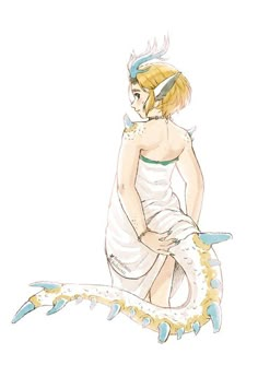 a drawing of a woman in a white dress sitting on top of a dragon tail