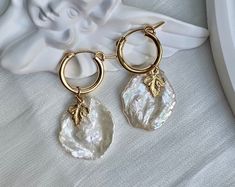 Pearl Earrings Freshwater Pearl White Pearl Leaf and Pearl - Etsy White Baroque Pearl Hoop Earrings With Charm, White Hoop Earrings With Baroque Pearl Charm, White Pearl Drop Hoop Earrings In 14k Gold, White Hoop Baroque Pearl Earrings, White Baroque Pearl Hoop Earrings, White Pearl Pendant Huggie Earrings, White Dangle Hoop Earrings With Pearl Charm, White Small Hoop Pearl Earrings With Charm, Hoops Gold