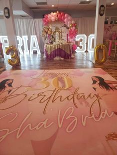 a birthday sign on the floor with balloons and decorations in the background at a 30th birthday party