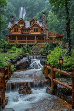 a log cabin with a waterfall in the foreground and a wooden bridge leading to it