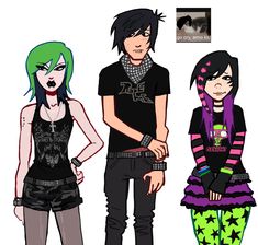 three cartoon characters standing next to each other with their hands on their hipss and one has green hair