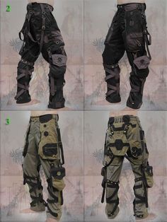 four views of different types of pants with zippers and buckles on the sides