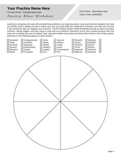 Learning to recognize and cope with overwhelming emotions is an ongoing process. Learning emotional regulation can help you identify what is making you feel a certain way, how your body feels as it responds to emotions, and what can be done in the moment to help you regulate your emotions. This Art Therapy Emotion Wheel Worksheet will help you learn to process emotions, identify triggers, and learn ways to cope with your emotions.  Our Art Therapy Emotion Wheel Worksheet (Editable, Fillable, Printable) is perfect for counselors, psychologists, psychiatrists, social workers, therapists, and other mental health professionals.

This Art Therapy Emotion Wheel Worksheet PDF can be downloaded and used with all your clients, giving them the ability to fill it out on a digital device and print it Existential Therapy Activities, Emotions Group Therapy, Identifying Emotions, Art Therapy Activities For Adults, Emotional Wheel, Coping Wheel, Emotions Wheel Printable, Art Therapy Activities Printables, Counseling Worksheets Therapy Tools