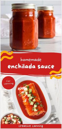 homemade enchilada sauce in a mason jar with the title overlay reads, homemade enchilada sauce from canning