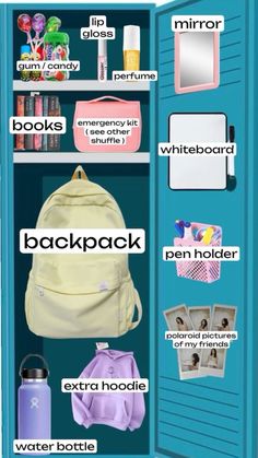 a blue locker filled with lots of items and text that says back to school on it