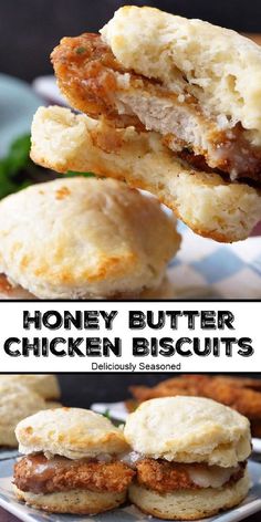 honey butter chicken biscuits are stacked on top of each other with the words honey butter chicken biscuits below