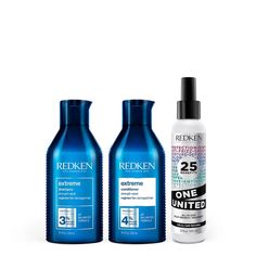 Repair damaged hair with this haircare trio. ONE UNITED Redken's One United is a 25-benefit leave-in nourishing treatment formulated with lactic acid and coconut oil to increase manageability, protection, and overall hair health. BENEFITS • Provides lightweight Conditioning • Enhances the caring benefits of other leave-in treatments • Softens the touch of texture of the styling products • Conditions and nourishes hair • Helps even porous hair • Reduces hair dryness • Help to detangle hair • Strengthens hair • Primes hair for styling and helps prevent hair breakage from brushing • Safe for color-treated hair and ombre hair • Helps prevent heat damage from hair hot tools • Helps prevent split ends and seal in hair cuticle • Helps protect hair from external aggressors • Gives hair a silky tou Appliance Closet, Redken Extreme Shampoo, Hippie Dreads, Redken Extreme, Porous Hair, Restore Damaged Hair, Detangle Hair, Hair Dryness, Blonde Lob