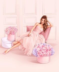 a woman in a pink dress sitting on a pink chair