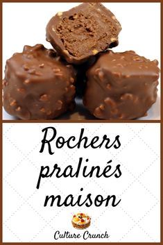 some chocolates are stacked on top of each other with the words roches pralines maison