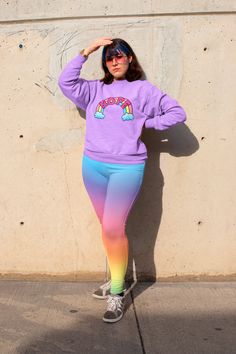 "Women's plus size fun, colorful pastel rainbow ombre print yoga leggings! Features a smooth, wide waistband. Leggings might just be the most comfortable piece of clothing ever invented, and these plus size leggings are the epitome of cute, comfort, ease, and style. For women who LOVE bright colors, these won't disappoint.  The soft fabric, wide elastic waistband, and flattering fit mean that these leggings are perfect for evening runs, lounging on the couch, or everything in between. And the vibrant print that lasts a long time won't fade, so there are bound to become your favorite pair of leggings for a long time. Made in USA * 82% polyester, 18% spandex * Four-way stretch fabric that stretches and recovers on the cross and lengthwise grains * Comfortable high waistband * Overlock and co Kawaii Leggings, Funky Leggings, Swim Leggings, Ombre Print, Rainbow Ombre, Printed Yoga Leggings, Legging Outfits, Plus Size Leggings, Plus Size Activewear