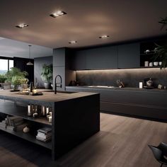 a large kitchen with an island in the middle