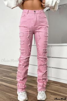 Olivia Mark - Chic High-Waisted Denim Jeans with Patchwork Detail Pink Mid-rise Jeans For Fall, Trendy Ripped Cotton Bottoms, High-rise Pink Denim Jeans, High Rise Pink Denim Jeans, Pink Straight Leg Denim Jeans, Pink High Rise Denim Jeans, Pink Denim Jeans For Spring, Spring Pink Denim Jeans, Non-stretch Pink Denim Jeans