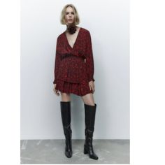 Adorable Size:Small Nwt Rare Find!!! Chic Winter Mini Dress With Floral Print, Chic Winter Floral Print Mini Dress, Zara Fall Dresses With Ruffles, Zara Ruffle Dresses For Fall, Zara Ruffled Dresses For Fall, Zara Long Sleeve Mini Dress With Ruffles, Zara Trends, Zara Short Dress, Animal Print Mini Dress