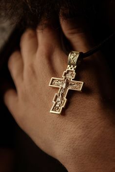 Gorgeous 14k yellow gold handmade cross. Orthodox with perfect detail. On the back side of the cross is an engraved prayer. The pendant is stamped by the assay laboratory.  The cross has a good bail-10 mm, which allows it to be worn both on a cord and on a chain. I can also make an appropriate chain or cord (leather, silk) of the desired length. Cross size 57*30mm. An amazing gift for yourself or someone close to you. On request, I can do a personal engraving Luxury Cross Necklace As Gift, Handmade Gold Cross Necklace, Luxury Engraved Cross Jewelry, Engraved 14k Gold Cross Necklace, 14k Gold Engraved Cross Necklace, Engraved Yellow Gold Cross Necklace, Gold Engraved Cross Pendant Necklace, Gold Spiritual Cross Necklace With Engraving, Engraved Yellow Gold Cross Pendant Necklace