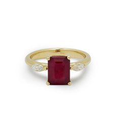 "This elegant gold ring features a stunning Ruby gemstone and two marquise Moissonite. Crafted with precision, it's a captivating and luxurious piece of jewelry that adds a touch of sophistication to any look. Construction & Dimensions: 14K Gold, Ruby, 2 Moissonite Approximately width: 10 mm (0.4\").  Our jewelry collection is made of the finest quality eco-friendly metals and gemstones.  Available in gold, rose, or white gold.  All items are packaged in an eco-friendly gift wrap with a ribbon ready for gifting.  Our jewelry can be made of 18K gold as well. Please contact us for details.  Ready to ship in 7-10 business days  Regular shipping (from Israel) takes 10-15 business days  Expedited shipping (from Israel) takes 2-5 business days Please don't hesitate to contact us if you have any Eco Friendly Gift Wrapping, Ruby Gemstone, Eco Friendly Gifts, Gold Rose, Gift Wrap, Gold Ring, Wedding Rings Engagement, Jewelry Collection, Gold Rings