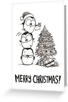 a black and white christmas card with three cartoon characters