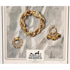 This is a rare 1948 Mid-Century French Hermès jewelry advertisement print that originally appeared in a French periodical. This is NOT a recent reproduction print. The image features an eloquent collection of Hermès gold and diamond jewelry designs shown on a background of an Hermès  scarf.  (Zoom in to see the subtle designs of the scarf.)  This is an image in classic Hermès  style.  Vintage Hermès  advertisement prints have become increasingly more difficult to find with the passage of time. P Jewelry Advertisement, Hermes Style, Hermes Jewelry, Jewelry Ads, Vintage Hermes, Diamond Jewelry Designs, Hermes Scarf, Hermes Paris, Jewelry Designers