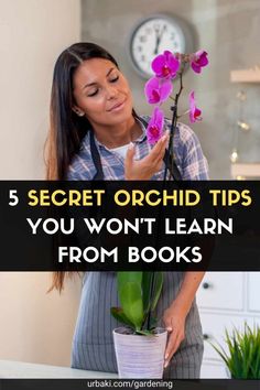 a woman holding a potted plant with the words 5 secret orchid tips you won't learn from books