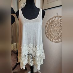 New With Tags. Size Small. 18" Ptp 28" Length Spring Cream Tank Top With Lace Trim, Cream Lace Trim Tank Top For Spring, Spring Vacation Lace Tank Top, Lace Tank Top For Spring Vacation, Bohemian Cream Tank Top For Spring, Spring Bohemian Cream Tank Top, Crochet Bell Sleeve, Babydoll Shirt, Black Babydoll